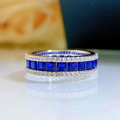 Anello de Eternidad Con Diamantes de Imitación de Plata de Moda Anillo de Banda Geométrica Corte Princesa Para Mujer