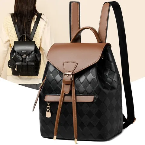 Sac à Dos Femme Motif à Losanges Vintage en Cuir PU Bloc de Couleur Sac d'École Sac à Dos Minimaliste avec Cordon et Rabat Avec Joli Pendentif Sac à Dos de Voyage Quotidien pour Femmes