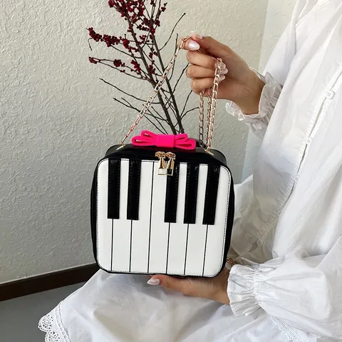 Creative Piano Key Design Crossbody Bag PU Leather Mini Shoulder Bag With Chain Strap Bow Decoration For Women Casual Daily