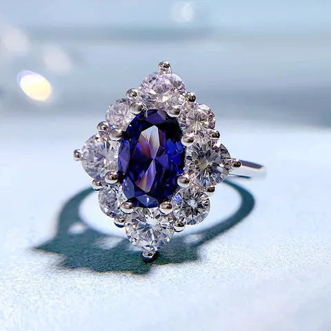 Luxury 925 Sterling Silver Blue Sapphire Oval Rhinestone Inlaid Ring For Women Lightweight Fashion Daily Jewelry Gift