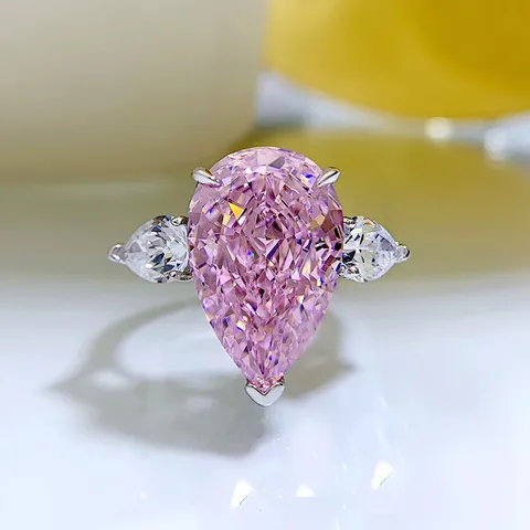 Anillo de Plata de Ley 925 con Zirconia Corte de Pera para Mujer Lujo Tres Piedras Rosa Blanco Amarillo Joyería