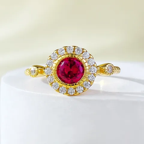 Vintage 925 Sterling Silver Gold Plated Round Pigeon Blood Red Sapphire Blue Rhinestone Geometric Cluster Ring For Women Daily Fashion Jewelry Finger Ring Gift