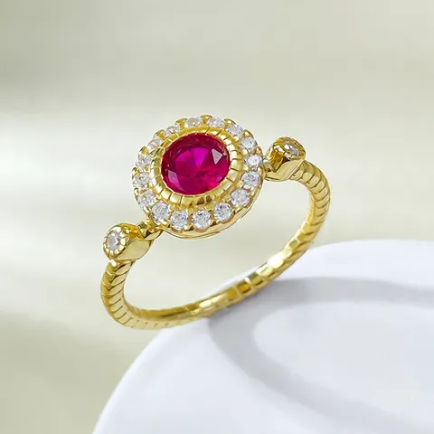 Vintage 925 Sterling Silver Gold Plated Round Pigeon Blood Red Sapphire Blue Rhinestone Geometric Cluster Ring For Women Daily Fashion Jewelry Finger Ring Gift