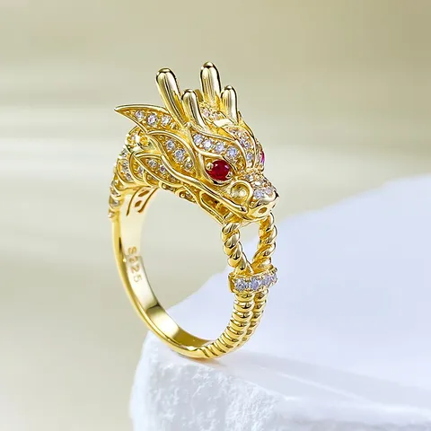 Dominineering Chinese Style 925 Sterling Silver Plated Gold Dragon Head Ring For Men Women Auspicious Totem Rhinestone Open Finger Ring Gift