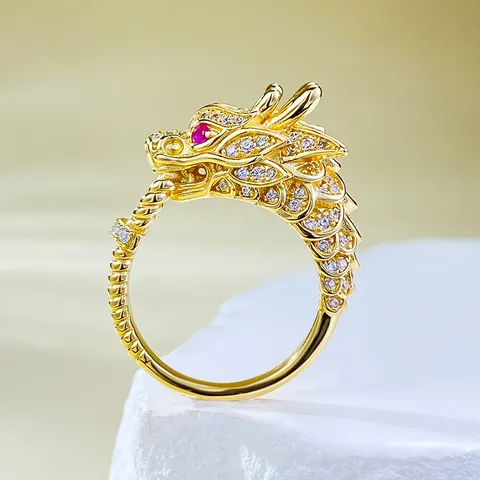 Dominineering Chinese Style 925 Sterling Silver Plated Gold Dragon Head Ring For Men Women Auspicious Totem Rhinestone Open Finger Ring Gift