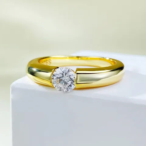 S925 Sterling Zilveren Vergulde Zirkonia Ring Voor Dames Elegante Ronde Gesimuleerde Diamant Verlovingsring Sieraden