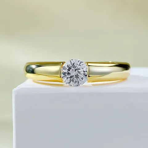 S925 Sterling Zilveren Vergulde Zirkonia Ring Voor Dames Elegante Ronde Gesimuleerde Diamant Verlovingsring Sieraden