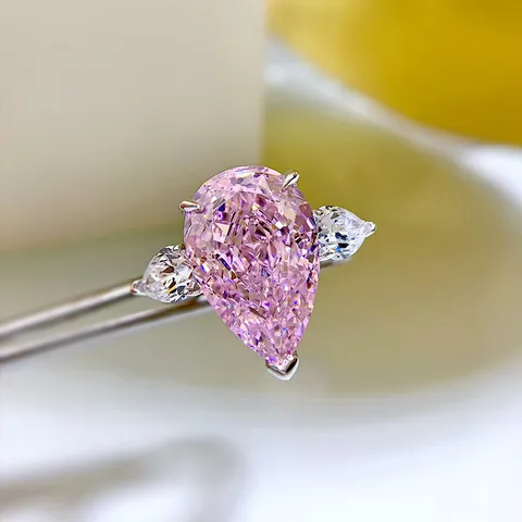 Anillo de Plata de Ley 925 con Zirconia Corte de Pera para Mujer Lujo Tres Piedras Rosa Blanco Amarillo Joyería