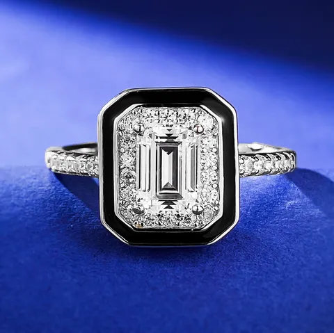 Anillo Geométrico de Octágono con Corte Esmeralda de Plata de Ley 925 de Lujo Borde de Esmalte Negro Strass Joyería para Mujer