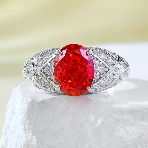 Euro-American 925 Silver Sunset Orange Oval High Carbon Diamond Ring Luxury Rhinestone Inlaid Geometric Finger Ring For Women Banquet Jewelry