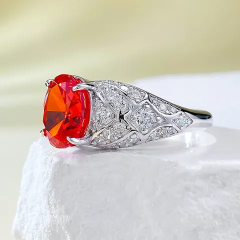 Euro-American 925 Silver Sunset Orange Oval High Carbon Diamond Ring Luxury Rhinestone Inlaid Geometric Finger Ring For Women Banquet Jewelry