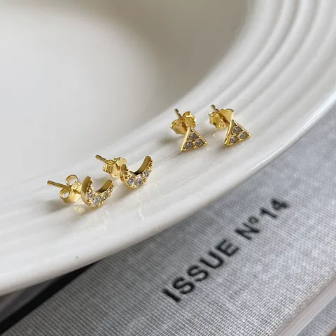 925 Sterlingsilber Strass Ohrstecker Für Frauen Minimalistisch Dreieck Mond Runde Perle Gold Geometrischer Schmuck Geschenk