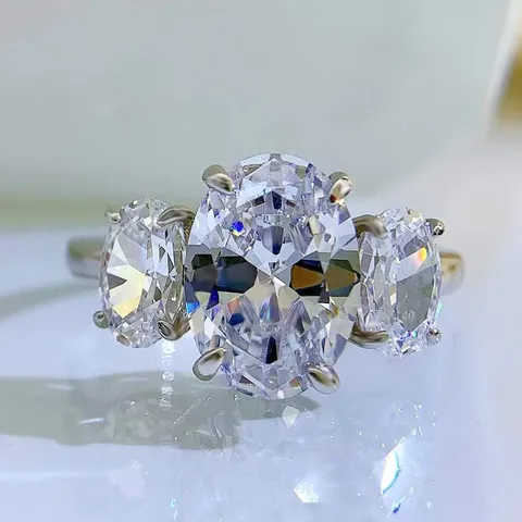 Anillo de Plata de Ley 925 con Tres Piedras de Corte Ovalado Diamantes de Imitación Boda Joyería Fina para Mujer Pulido