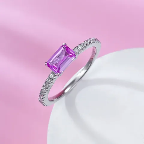 Elegant 925 Sterling Silver Pink Cubic Zirconia Emerald Cut Geometric Open Finger Ring Classic Prom Proposal Ring Jewelry For Women