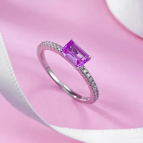 Elegant 925 Sterling Silver Pink Cubic Zirconia Emerald Cut Geometric Open Finger Ring Classic Prom Proposal Ring Jewelry For Women