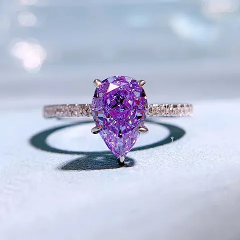 Anello in Argento Sterling S925 Taglio a Pera da Donna Strass Goccia d'Acqua Verde Viola Cristallo Anello Moda Ins Gioielli