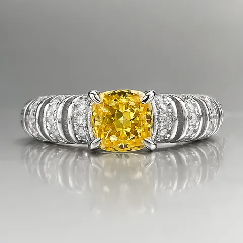 Luxury Western Style 925 Sterling Silver Earring Post Yellow Cushion Cut Rhinestone Ring Vintage Open Shiny Band Ring For Women Fine Jewelry Gift