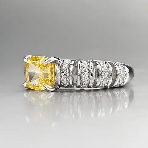 Luxury Western Style 925 Sterling Silver Earring Post Yellow Cushion Cut Rhinestone Ring Vintage Open Shiny Band Ring For Women Fine Jewelry Gift