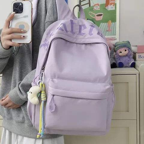 Women Large Capacity Embroidered Nylon Schoolbag Urban Minimalist Travel Backpack For High School Students Durable Daypack