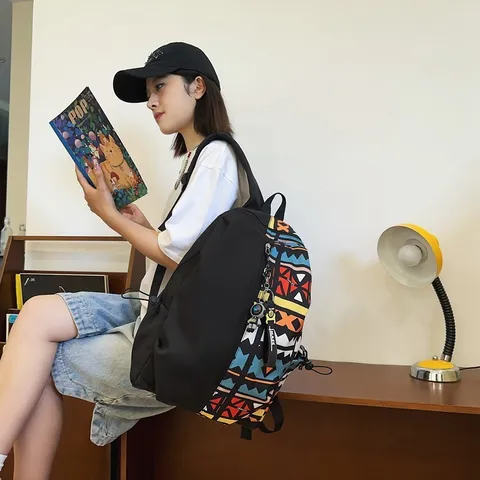 Fashionable Large Capacity Colorblock School Backpack Trendy Asymmetrical Patchwork Nylon Student School Bag For Teenagers Daily Commute Travel