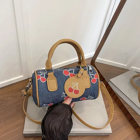 Trendy Denim Pillow Bag Women Cherry Bowknot Print Casual Shoulder Crossbody Bag Fashion Boston Handbag Cylinder Satchel Summer Style