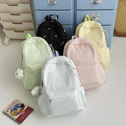 Korean Style Fresh School Backpack For Girls Teens Minimalist Bowknot Embroidery Nylon Lightweight Casual Rucksack With Plush Keychain