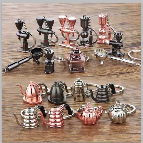 Creative Mini Coffee Appliance Zinc Alloy Keychain Simulation Portafilter Tamper Moka Pot Espresso Machine Model Key Ring For Backpack Car Key Men Women Pendant Gift