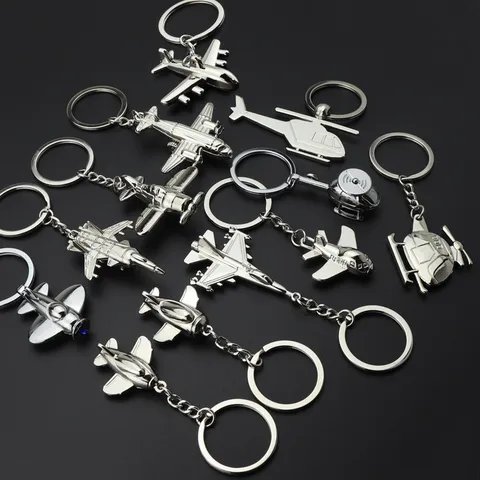 3D Simulation Metal Airplane Keychain Aviation Gift Simulation Fighter Jet Helicopter Key Ring Pendant Zinc Alloy Polished Silver Gun Black Decoration