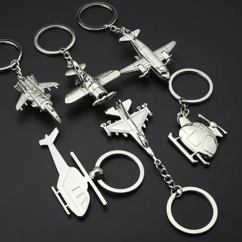 3D Simulation Metal Airplane Keychain Aviation Gift Simulation Fighter Jet Helicopter Key Ring Pendant Zinc Alloy Polished Silver Gun Black Decoration
