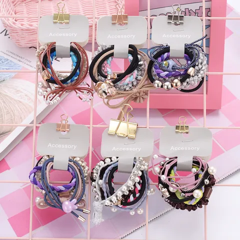 Style Coréen Ensemble d'Élastiques à Cheveux Doux Pour Filles Femmes Nœud en Tissu Perle Artificielle Décoré Attaches Queue de Cheval Accessoires de Cheveux Quotidiens