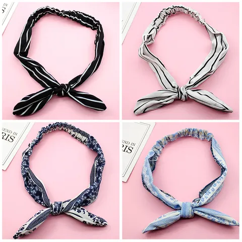 Sweet Chiffon Flower Fabric Bunny Ears Bowknot Hairband Multicolor Polka Dot Striped Elastic Headband For Women Casual Daily Travel Hair Accessories