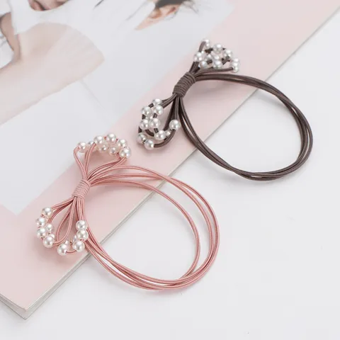 Minimalist High Elastic Multi-layer Hair Ties With Artificial Pearl Bow Knot Shape Hair Bands Everyday Hair Scrunchies For Women