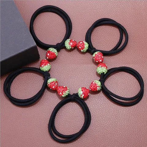 Cute Rhinestone Strawberry Hair Ties Elastic Rubber Band Glitter Fruit Hair Rope Sweet Hair Accessories For Kids Women Daily Styling Jewelry