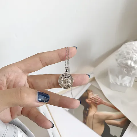 925 Sterlingsilber Indianerkopf Münze Anhänger Halskette Vintage Geschnitztes Geld Runde Medaille Kette Halskette Für Damen Schmuck