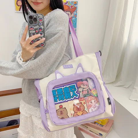 Preppy Style Canvas Tote Bag Large Capacity Commuter School Bag With Clear Ita Pocket And Cat Ear Design