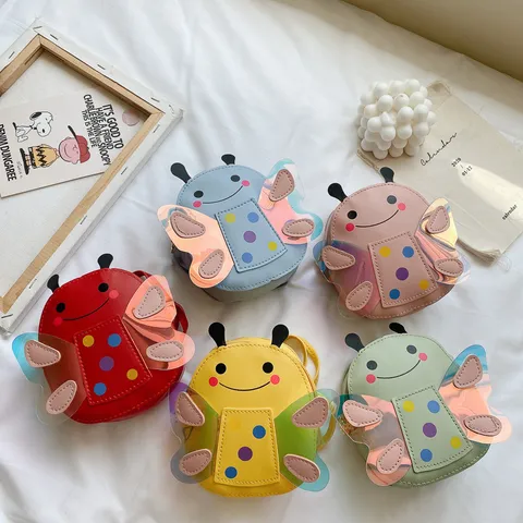 Kids Mini Crossbody Bag Cute Cartoon Bee Ladybug PU Leather Shoulder Bag Candy Color Fashion Children Accessories Bag