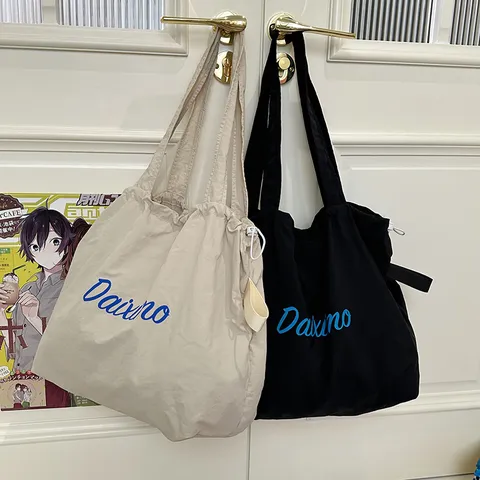 Nylon Drawstring Tote Bag Large Capacity Casual Shoulder Bag Lightweight Student Commuter Handbag Casual Shopping Bag