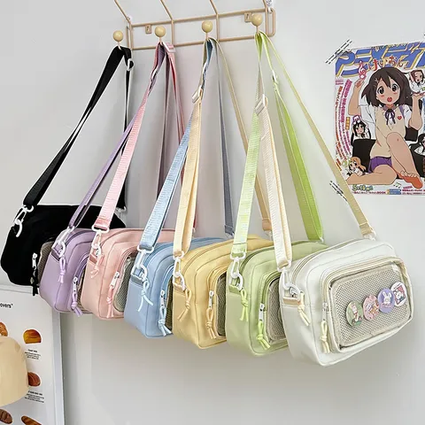 Bolso Ita de Lona Estilo Ins Japonés Bolso Cruzado de Malla Transparente Lindo Estudiante Casual Bolso de Hombro con Bolsillo Claro