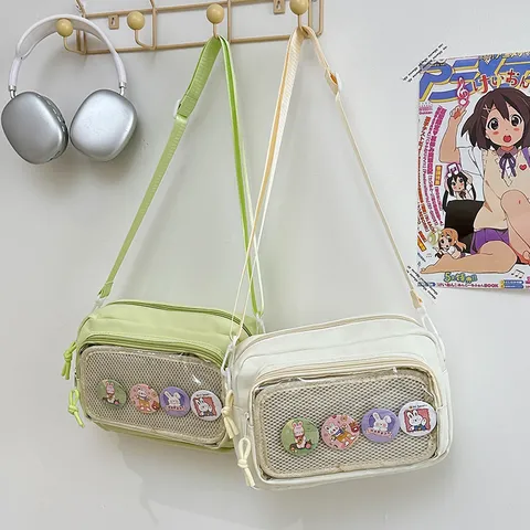 Bolso Ita de Lona Estilo Ins Japonés Bolso Cruzado de Malla Transparente Lindo Estudiante Casual Bolso de Hombro con Bolsillo Claro