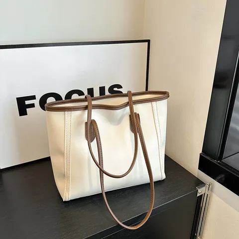 Women Large Capacity PU Leather Tote Bag Casual Commuter Shoulder Handbag Retro Contrast Color Top Handle Bag