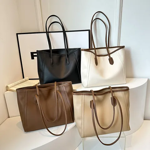 Women Large Capacity PU Leather Tote Bag Casual Commuter Shoulder Handbag Retro Contrast Color Top Handle Bag