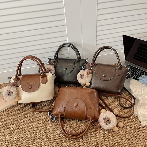 Women Retro PU Leather Crossbody Bag Small Square Shoulder Bag Casual Handbag with Plush Pendant Fashion Commuter Bag