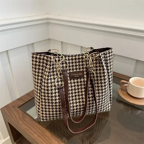 Retro Casual Large Capacity Tote Bag For Women Fashion Houndstooth Shoulder Bag Commuter Handbag Vintage Chic Purse