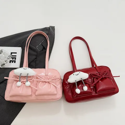 Women Fashion Bowling Bag PU Leather Tote Shoulder Bag Casual Bowknot Underarm Bag Large Capacity Handbag