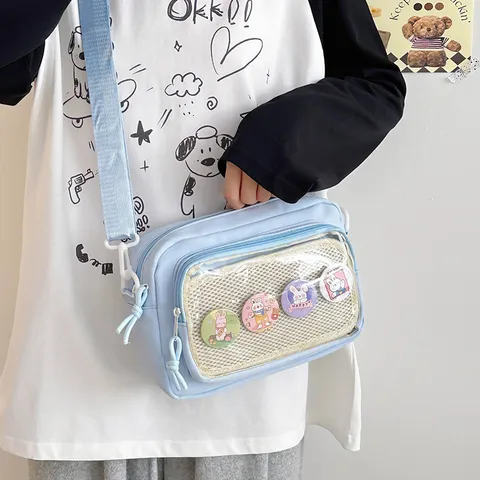 Nylon Crossbody Bag Transparent Ita Bag Sweet Clear Pocket Shoulder Bag With Badges Casual Daypack