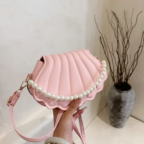 Women PU Leather Shell Crossbody Bag Minimalist Fashion Shoulder Bag With Pearl Chain Trendy Chic Daily Handbag