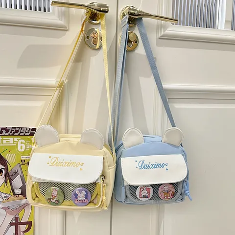 Cute Animal Ears Canvas Crossbody Itabag Transparent Mesh Pocket Women Casual Shoulder Bag Student Phone Purse