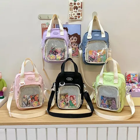 Transparent Crossbody Bag Cute Ita Bag Casual Canvas Single Shoulder Handbag With Clear Front Pocket Student Daily Purse
