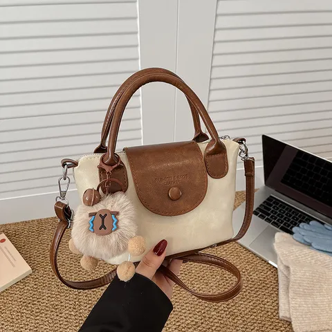 Women Retro PU Leather Crossbody Bag Small Square Shoulder Bag Casual Handbag with Plush Pendant Fashion Commuter Bag
