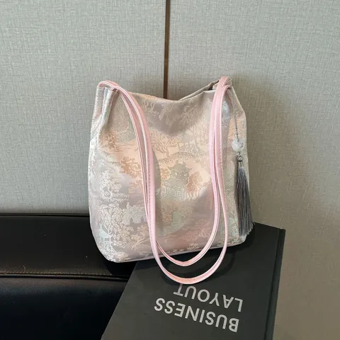 New Chinese Style Embroidery Tote Bag Large Capacity Satin Shoulder Bag Women Commuting Casual Elegant Handbag With Tassel